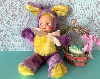 Vintage Stuffed Easter Bunny Rabbit Baby Doll with Plastic Face Purple and Yellow