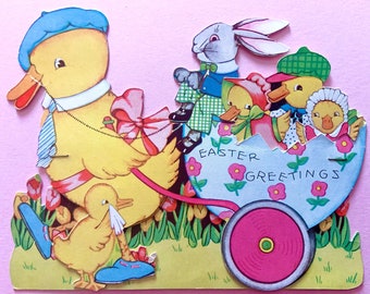 Vintage Mechanical Easter Greeting Card Chicks in Egg Pull Out to Show Easter Message