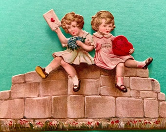 Vintage Valentines Day Card Two Little Girls Sitting on a Stone Wall Holding Valentines