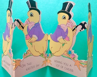 Vintage Unused Easter Greeting Card Fold Out Four Panels Anthropomorphic Duck in Top Hat