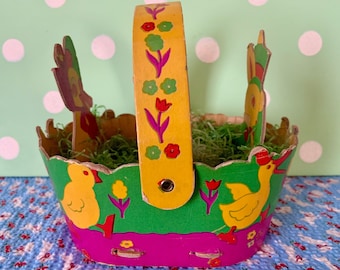 Vintage Easter Basket Cardboard Tab and Slot Design with Bunny Rabbits Chicks and Ducks