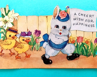Vintage Unused Mechanical Easter Greeting Card Bunny Holding Flag Followed by Chicks