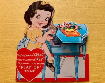 Vintage Mechanical Valentines Day Card Girl Playing Piano and Boy Pops Out