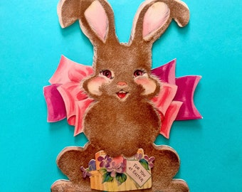 Large Vintage Easter Card Flocked Bunny Rabbit Holding Easter Basket Hall Bros