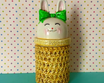 Vintage Easter Bunny Container with Cotton Tail Composition or Chalkware Bunny Made in Japan