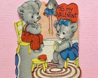 Vintage Valentine's Day Card Teddy Bears with a Cuckoo Clock