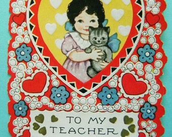 Vintage Unused Valentine's Day Card to Teacher Little Girl with Kitty