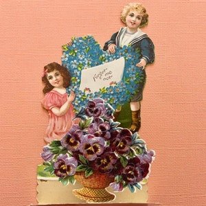 Vintage Unused Valentine&#39;s Day Card Fold Down 3 Dimensional Card with Forget Me Nots and Pansies