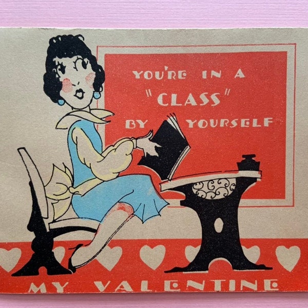 Estudiante vintage de la tarjeta de San Valentín en School Desk Flapper Era