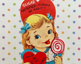 Vintage Valentines Day Card Blonde Girl with Lollipop and Hearts