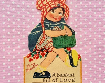 Vintage Mechanical Valentine's Day Card Girl Carrying Basket Full of Love