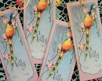 Vintage Set of Four Fancy Tailed Bird Tally Cards for Bridge - Unused