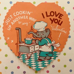 Vintage Valentinstagskarte Anthropomorphe Elefant Kochen am Herd