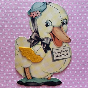 caneton vintage de la carte de Pâques avec feutre aile Gingham Canard pour petit-fils signé