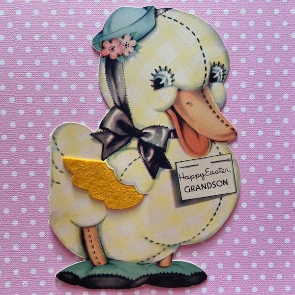 Vintage Easter Card Duckling with Felt Wing Gingham Duck for Grandson Signed