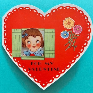 Vintage ongebruikte Valentijnsdag kaart schattig meisje wachten in venster