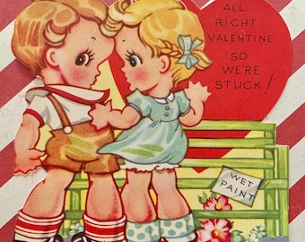 Vintage Valentine's Day Card Boy and Girl Stuck on Painted Fence