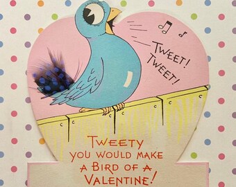 Vintage Unused Valentine's Day Card Big Eyed Bluebird on the Fence Tweeting