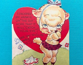 Vintage Valentine's Day Card Sly Lamb Drops Her Hanky