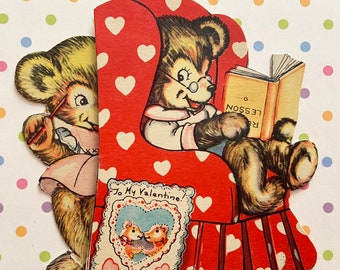 Vintage Valentines Day Card Bear Cub Hiding Behind Chair