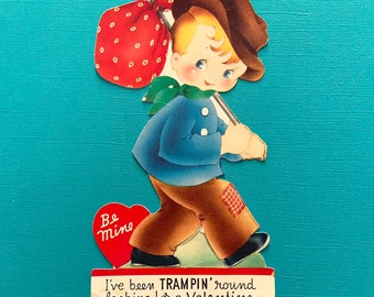 Vintage Valentine's Day Card Boy with Hobo Sack Tramping Round for Valentine
