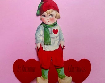 Large Vintage Unused Valentines Day Card Dutch Boy with Hands in Pockets and Wooden Shoes