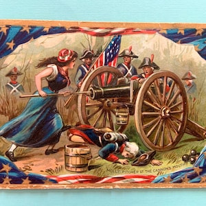 Cartolina d'epoca del 4 luglio con Molly Pitcher alla bocca del cannone, cartolina di Raphael Tuck