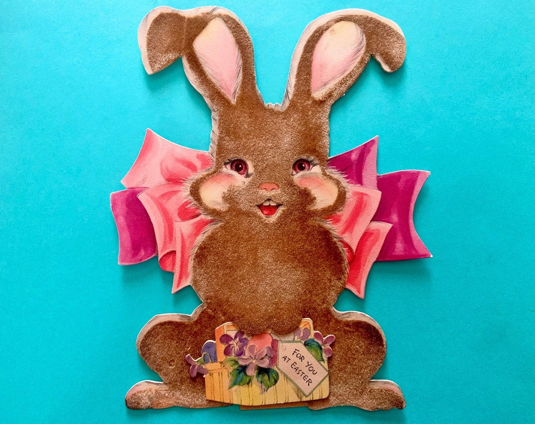 Large Vintage Easter Card Flocked Bunny Rabbit Holding Easter Basket ...