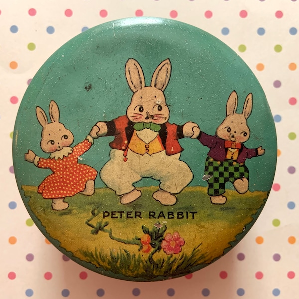 Vintage Tindeco Easter Candy Tin with Harrison Cady Bunny Rabbits Frolicking Small Round Tin