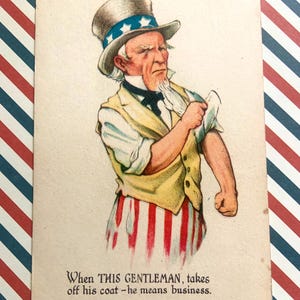 Vintage carte postale patriotique de l'Oncle Sam, 4 juillet, ère de l'Oncle Sam, retrousser ses manches