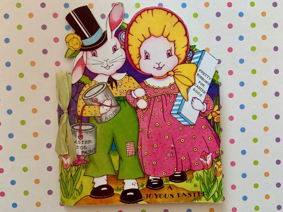 Vintage Fold Out Easter Card Bunny Rabbits Dying Eggs and Tying Ribbons ...