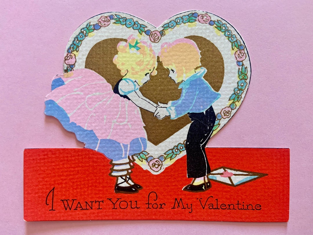 Vintage Valentines Day Card Boy and Girl Holding Hands Inside of Gold ...
