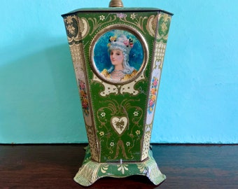 Vintage Gray Dunn and Co Biscuit Tin Green and Gold Footed Container with Beautiful Woman on Each Side