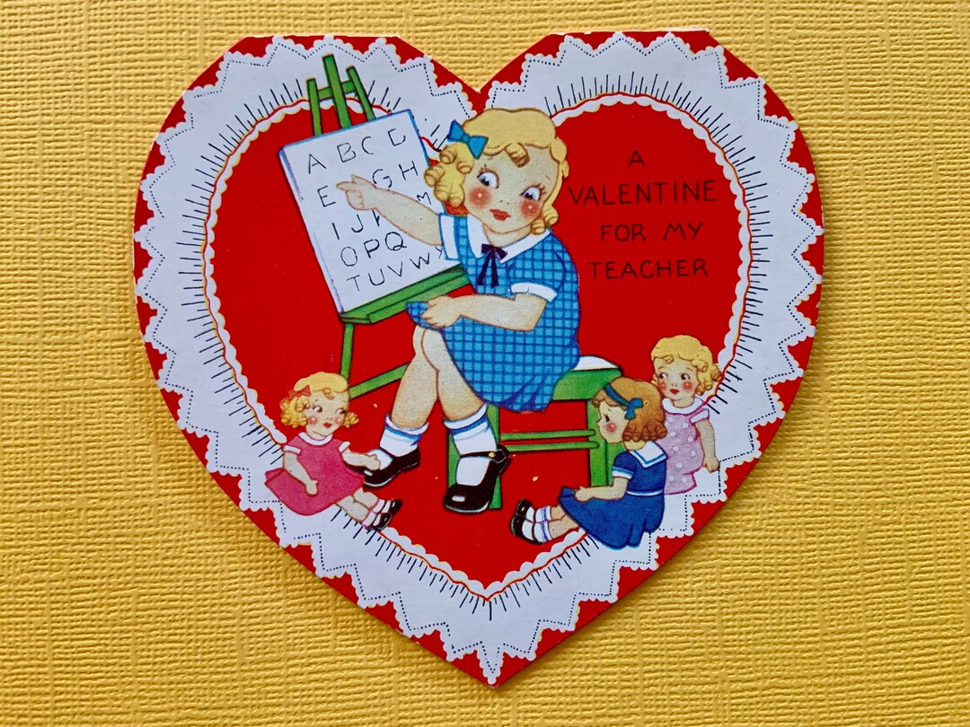 Vintage Valentines Day Card for Teacher Girl Teaching the Alphabet to ...