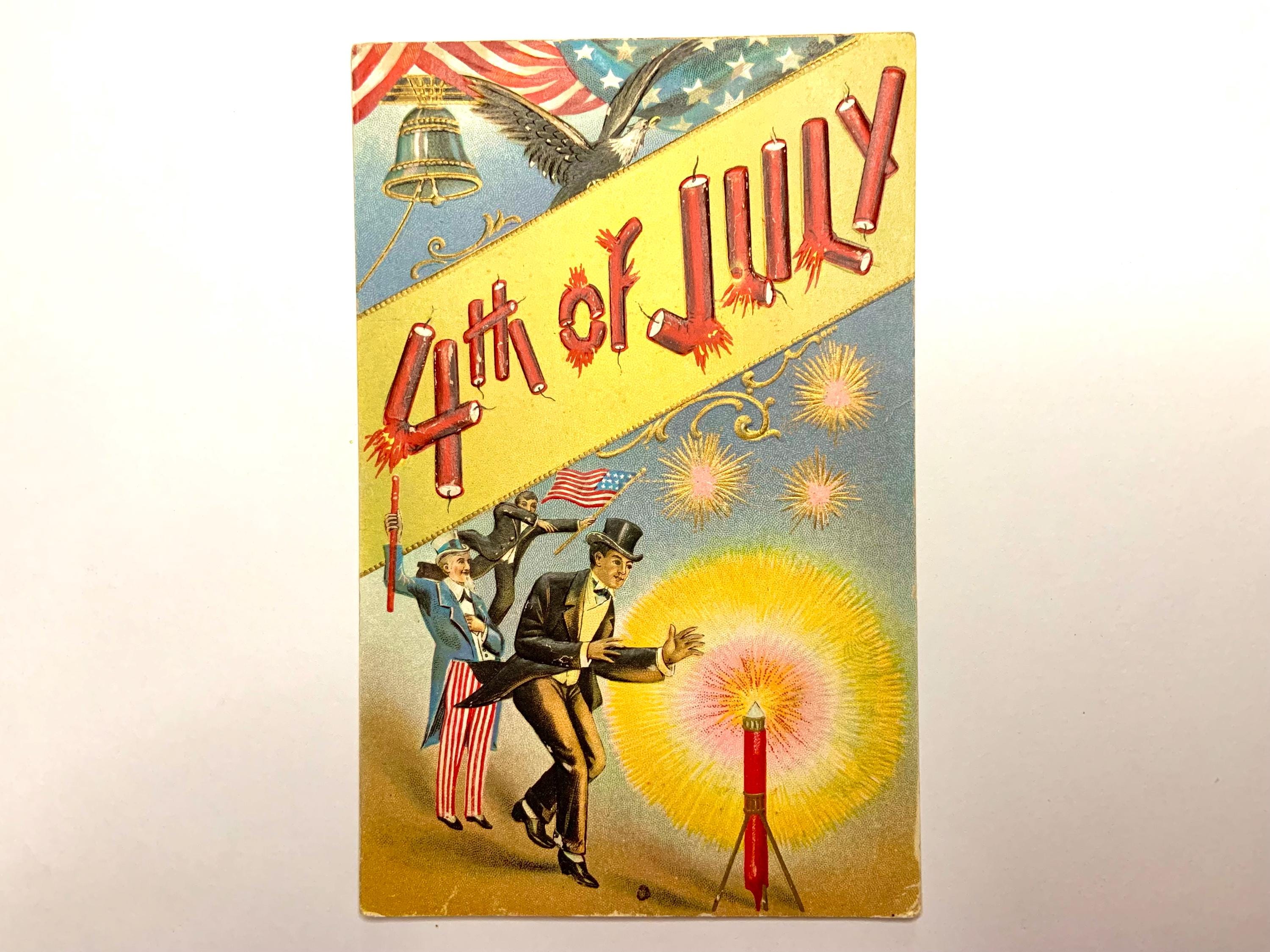 Vintage 4th of July Postcard Uncle Sam Holding Firecracker While