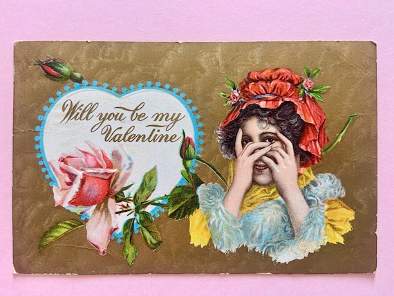 Vintage Valentines Day Postcard Shy Girl with Hands Over Her Face Peeking  Out