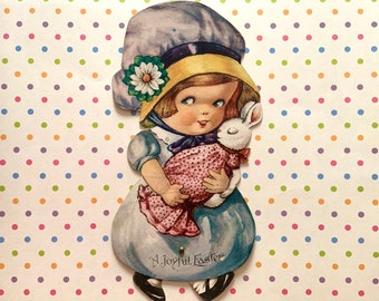 Large Vintage Mechanical Easter Greeting Card Little Girl Holding Stuffed Bunny Rabbit Rotating Feet