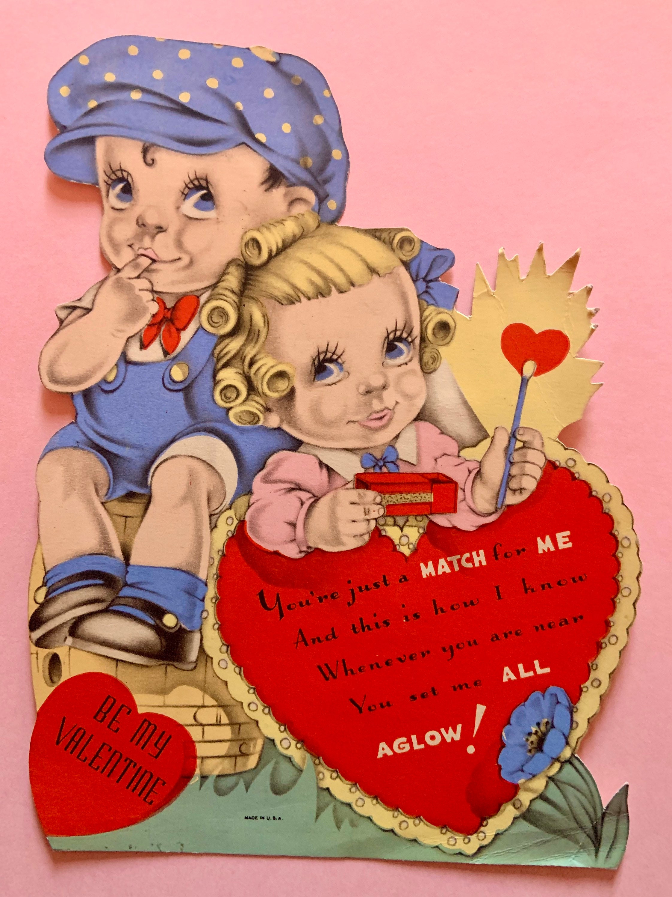 Large Vintage Valentines Day Card Creepy Boy and Girl With Lit Match 