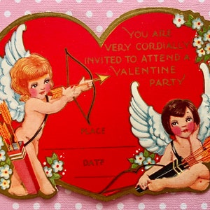 Vintage Valentines Day Party Invitation Cupids with Bows and Arrows 1934