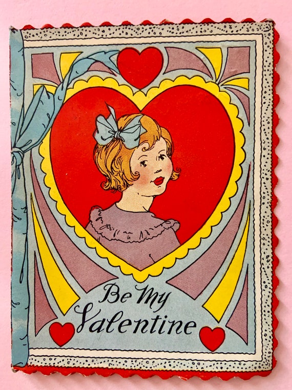 Vintage Valentines Day Card Cute Girl Inside of Psychedelic Heart