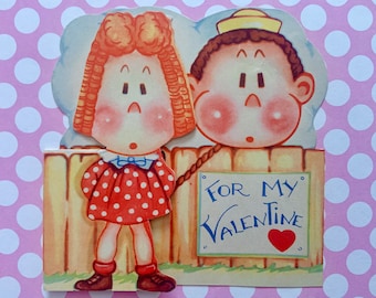 Vintage Valentines Day Card Boy and Redhead Girl Standing at Fence Nix to Anyone But You