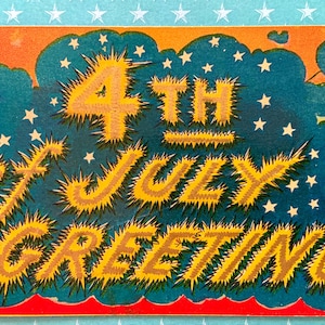 Vintage carte postale patriotique du 4 juillet, les pétards énoncent les salutations du 4 juillet