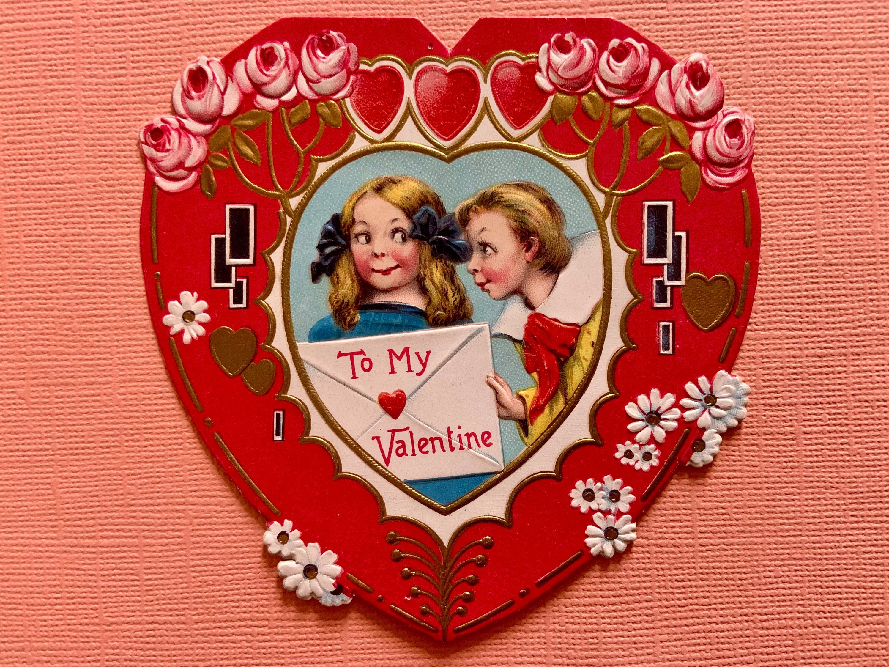 Vintage Valentine Playbook バレンタインカード Vintage Valentines Day Card Boy and Girl Inside Fancy Embossed