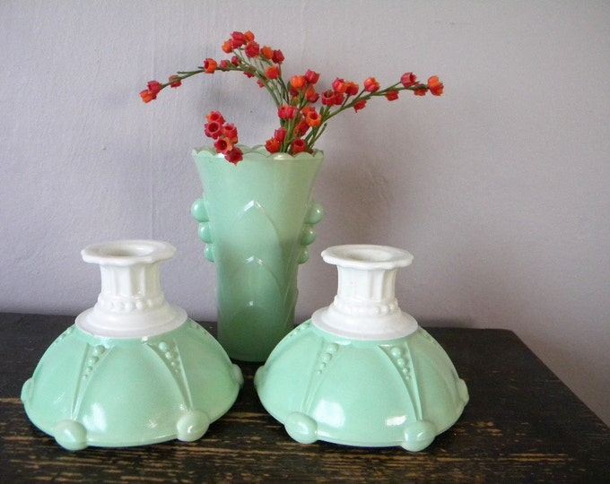 Vintage Set of Fire King Jadeite Candle Holders and Vase Anchor Hocking Etsy