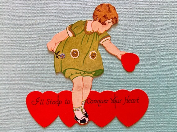 Vintage Valentines Day Card Girl in Green Dress Stoops to Conquer Your Heart Carrington - Etsy Vintage Valentines Day Card Girl in Green Dress Stoops to Conquer Your Heart Carrington - Etsy