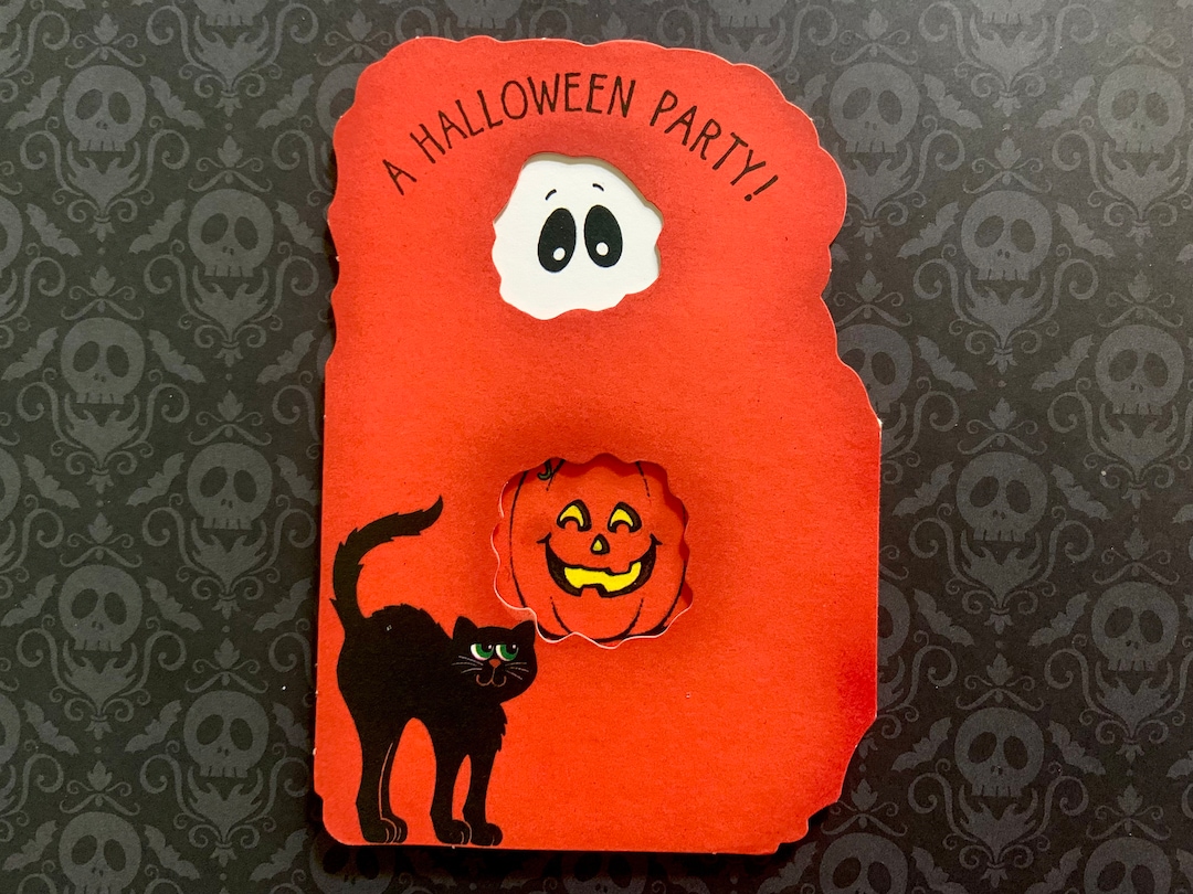 Vintage Unused Halloween Party Invitation Card Ghost Black Cat and Jack ...