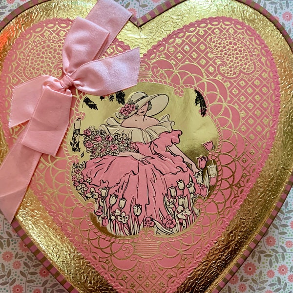 Vintage Valentines Day Candy Box Gales Heart Shaped Chocolate Box Pink and Gold