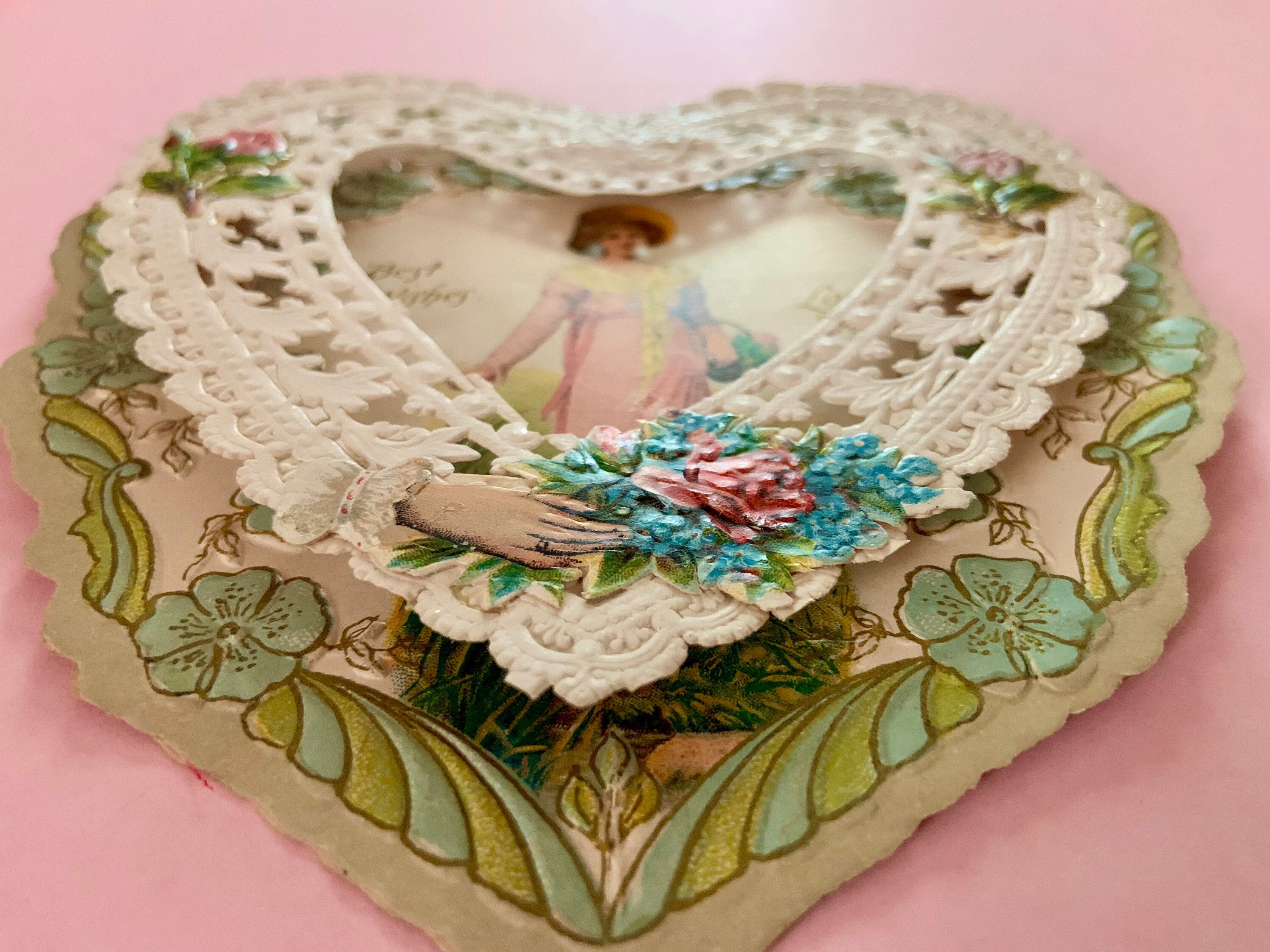 Vintage Valentines Day Card Multi Layered Heart With Pretty 