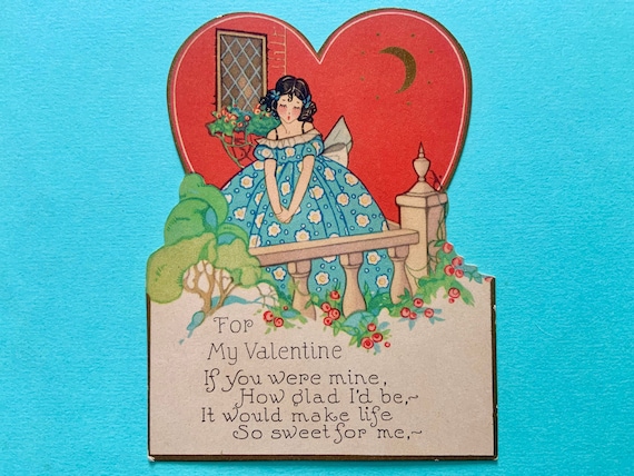 Vintage Valentines Day Card Pretty Girl in Gown Looks Sad Wishing