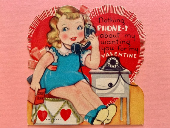 Vintage Valentines Day Card Cute Girl Talking on the Telephone